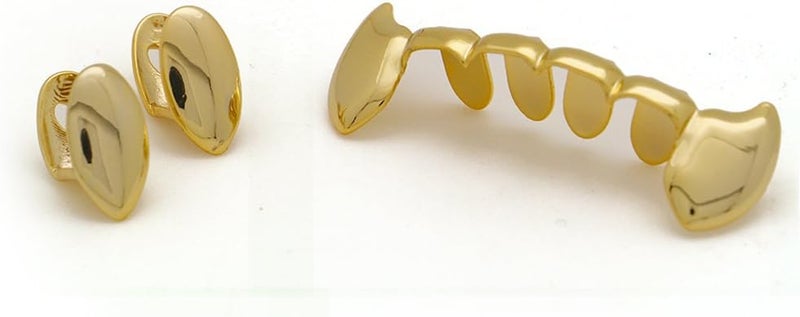 LuReen 14k Gold Vampire Dracula Teeth Grillz 2pc Single Fangs and 6 Bottom Grillz Set for Halloween Costume Cosplay - Image 2